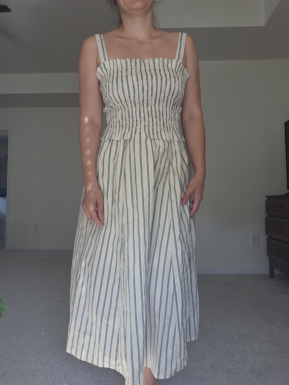 fab'rik Cream Midi Dress with Green Stripes